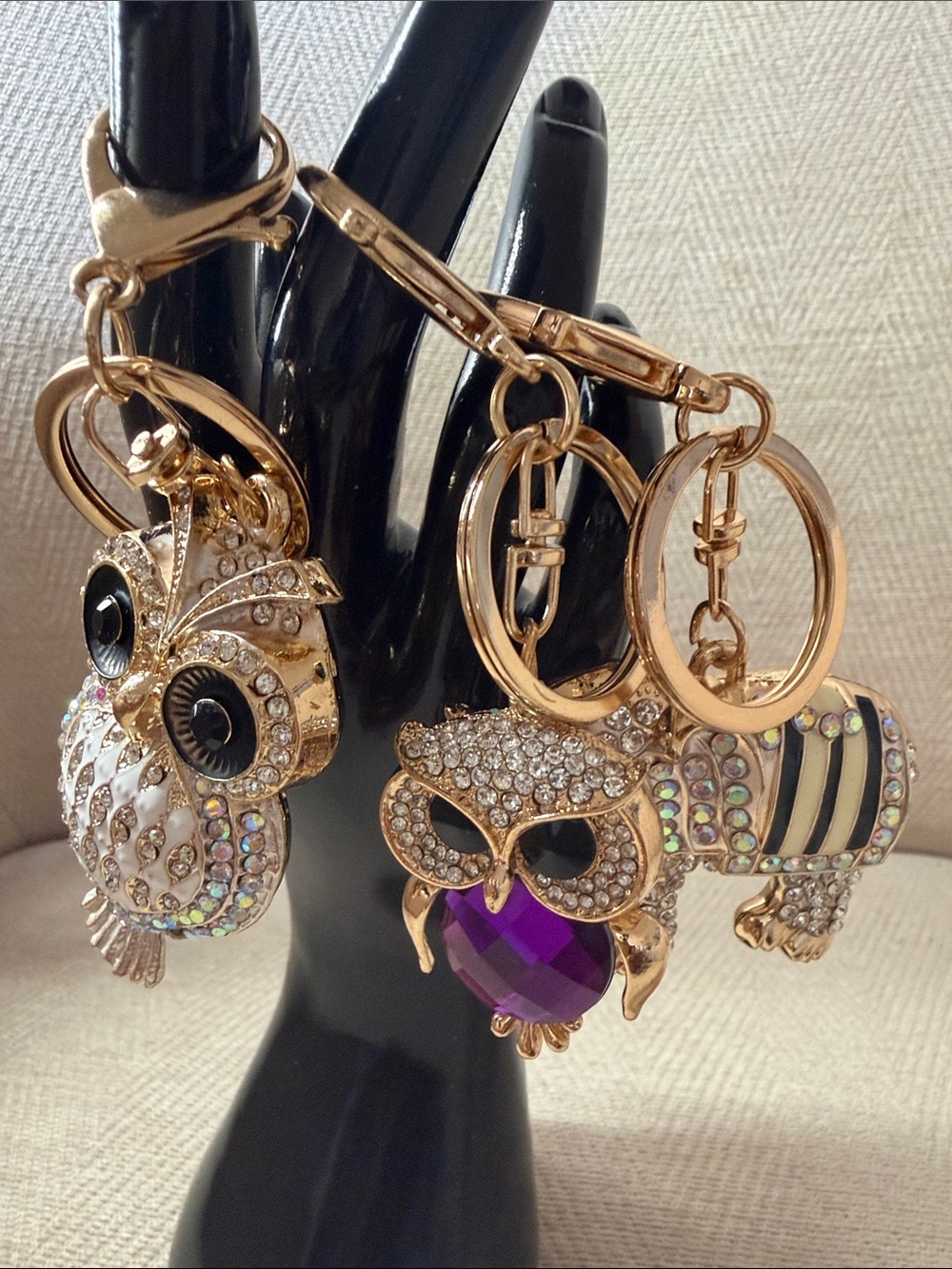 Gold-Tone Owl Rhinestone and Elephant Keychain with Purple Crystal Accent